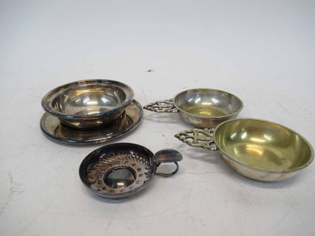 Christofle Silver Plated Wine Taster: Together with a pair of silver plated porringers and a bowl with underplate. Wine taster, 3-1/4'd.