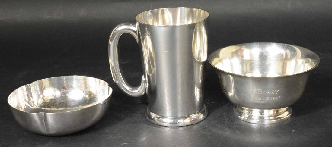 Hand Wrought Sterling Silver Bowl: Mealy Manufacturing Company. Together with a Watson sterling silver small Revere form bowl with engraved inscription as a trophy, total weight approx. 12 T.O. Together with a Gilbert & Spurrier Palace