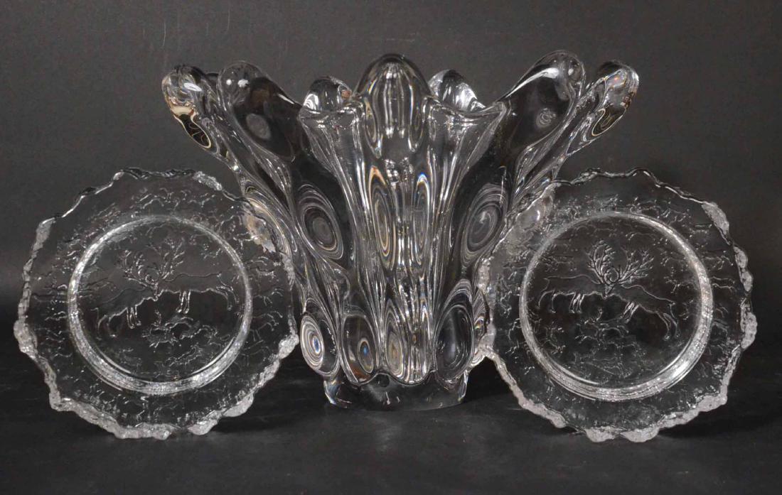 Christalleries de Vannes le Chatel Vase: Together with a pair of crystal ashtrays with stag and deer motif. 9 1/2"h x 13 1/2"d