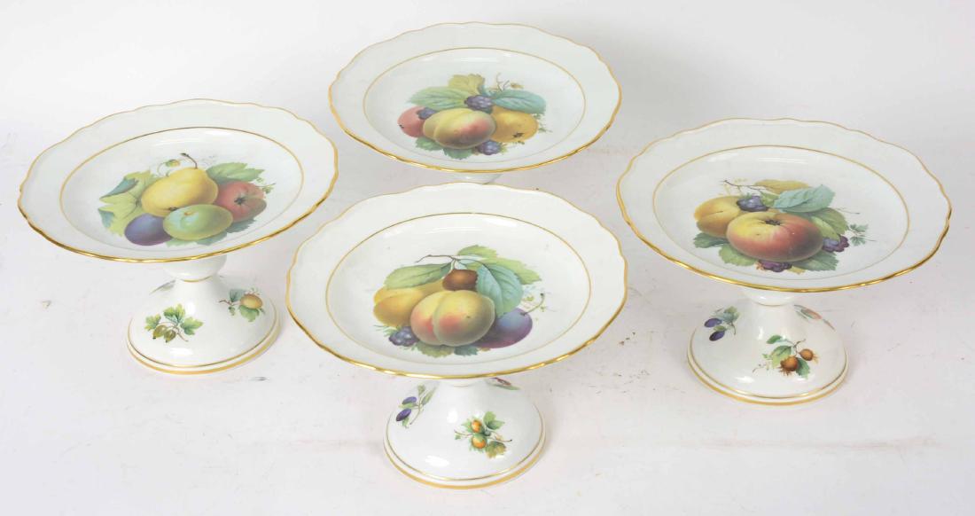 Four German Porcelain Footed Fruit Compotes: Impressed underside "KPM Meissen" and marked with blue cross swords. 5"h x 8"d