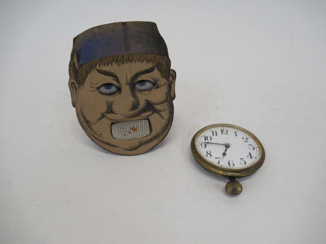 Vintage Continental Wooden Face Wall Clock: Together with a Daxa Swiss 8 Day pocket watch.