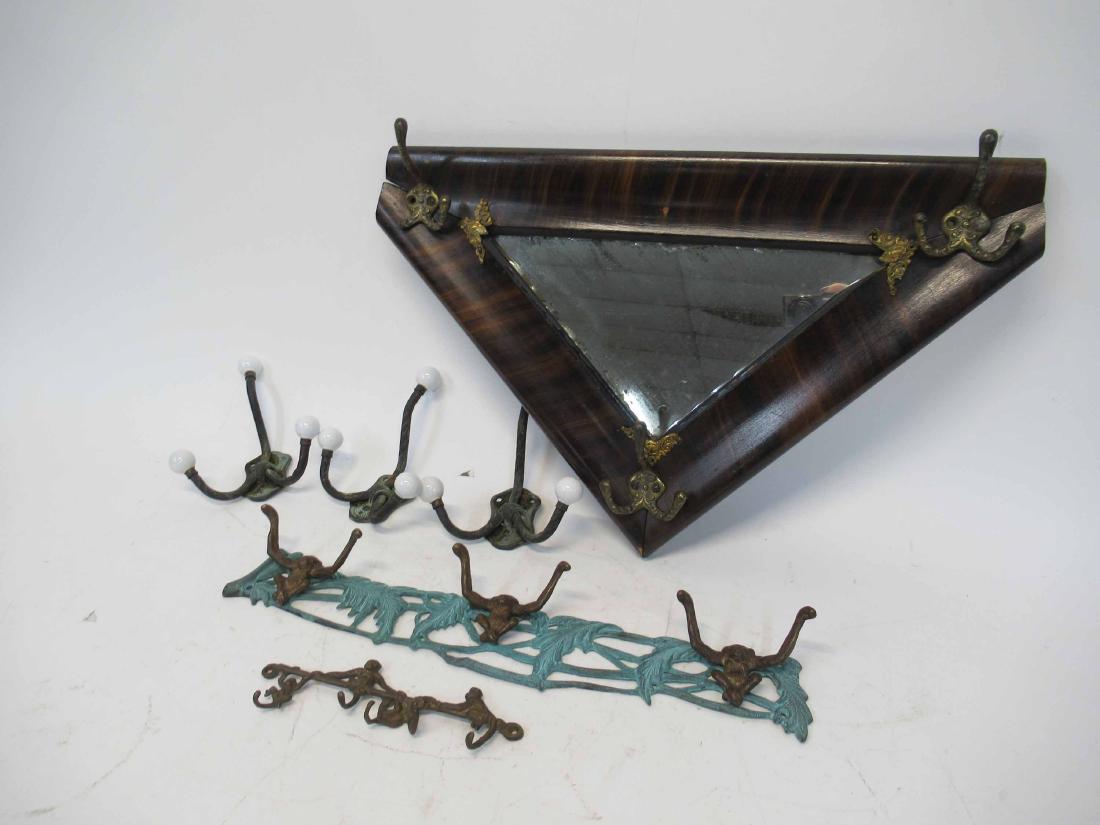 Six Assorted Metal and Wood Coat Hooks: Largest 14"h x 21 1/2"w