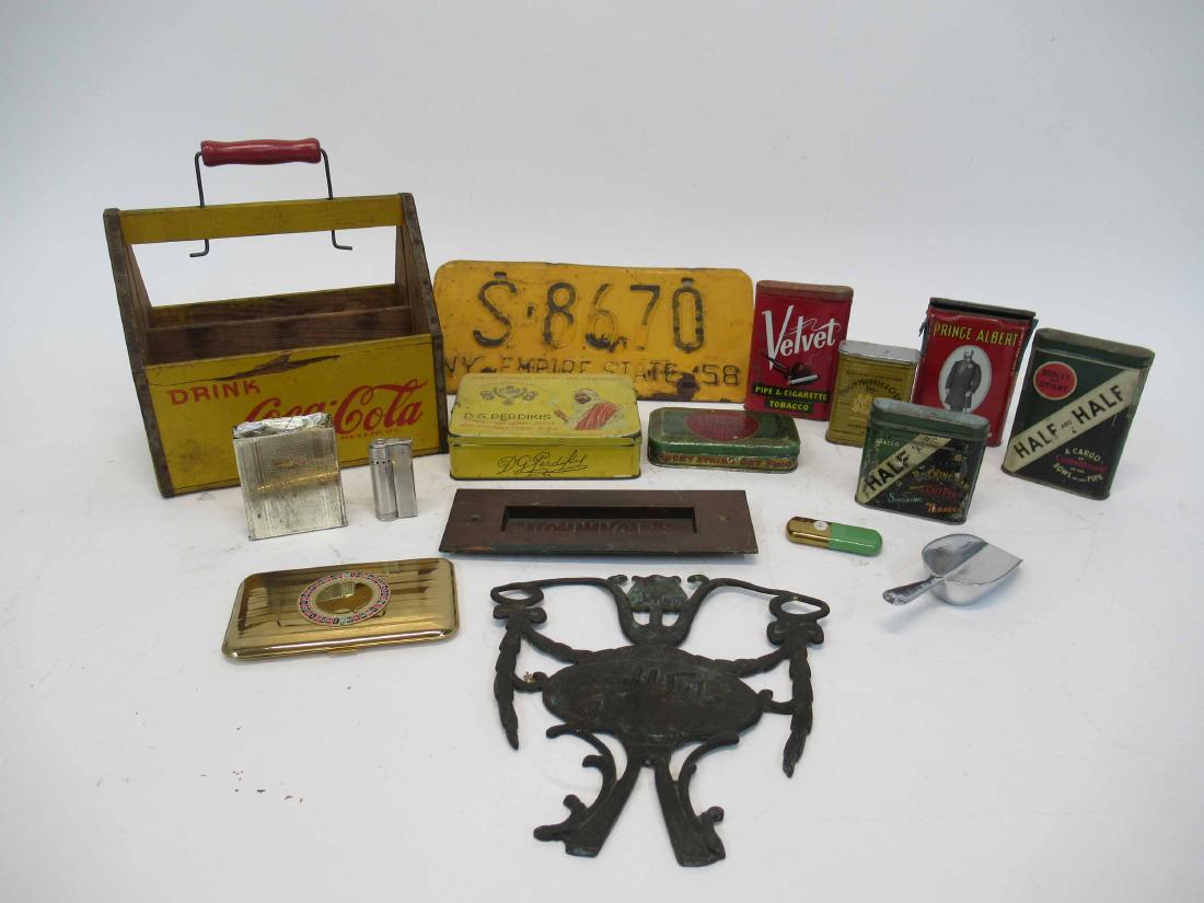 Seven Vintage Tin Cigarette Boxes: Together with a Dunhill Japan cigarette case, a Majestic gold metal cigarette case, a Torrington match safe, a IMCO JUNO Vienna Austria Lighter, a vintage New York State license plate, a Coca Cola woo