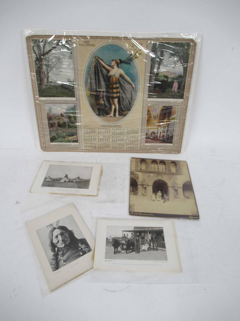 Group of Assorted Antique Ephemera: Including a 1917 Art Calendar, Native American photo prints and a photo print Denver. Various