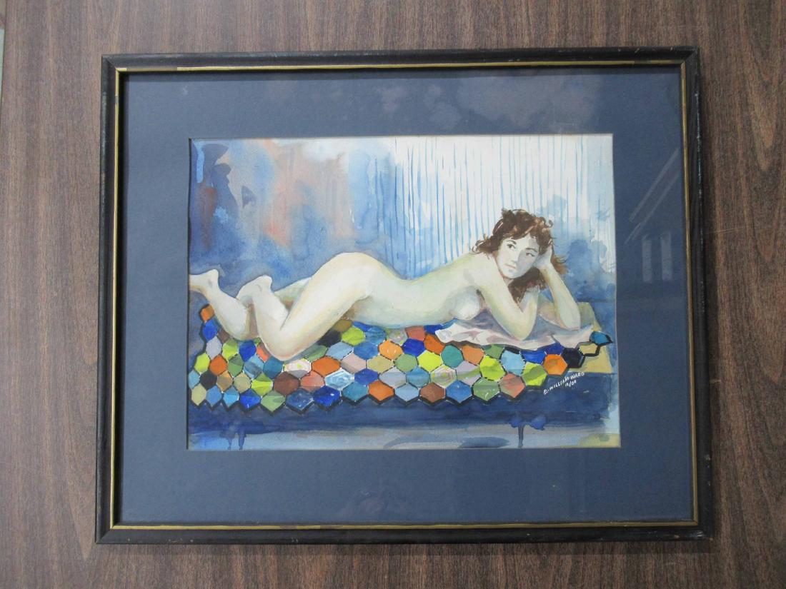 Watercolor of Reclining Nude: E. William Ward Watercolor of reclining nude dated 12/89. Framed size 17" x 21"