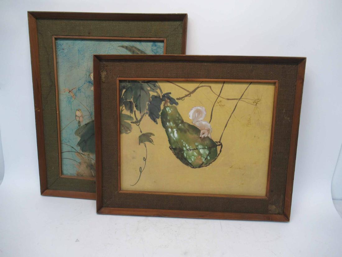 2 Chinese Batique Paintings on Board: One still life with dragonfly, the other with squirrel eating pear. framed size 27 1/4" x 22"