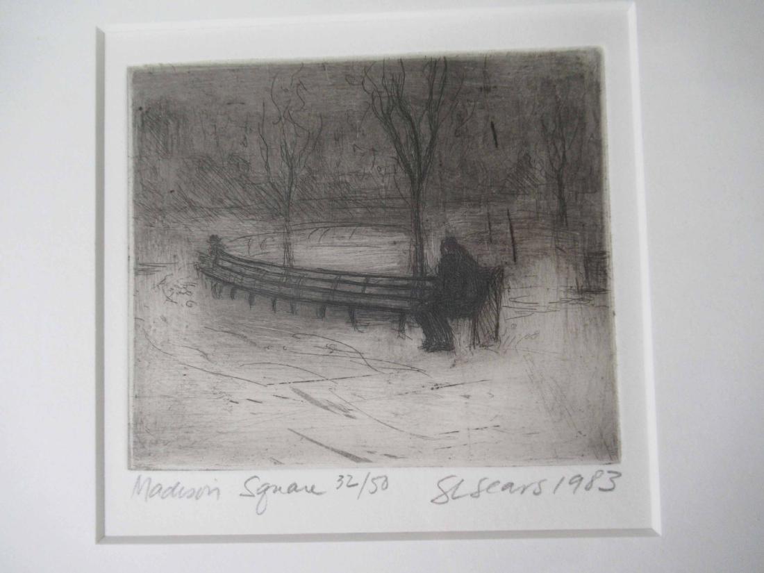 Black and White Etching of Madison Square: Signed S.L. Sears 1983, 32/50. Framed size 11 7/8" x 11 1/2"
