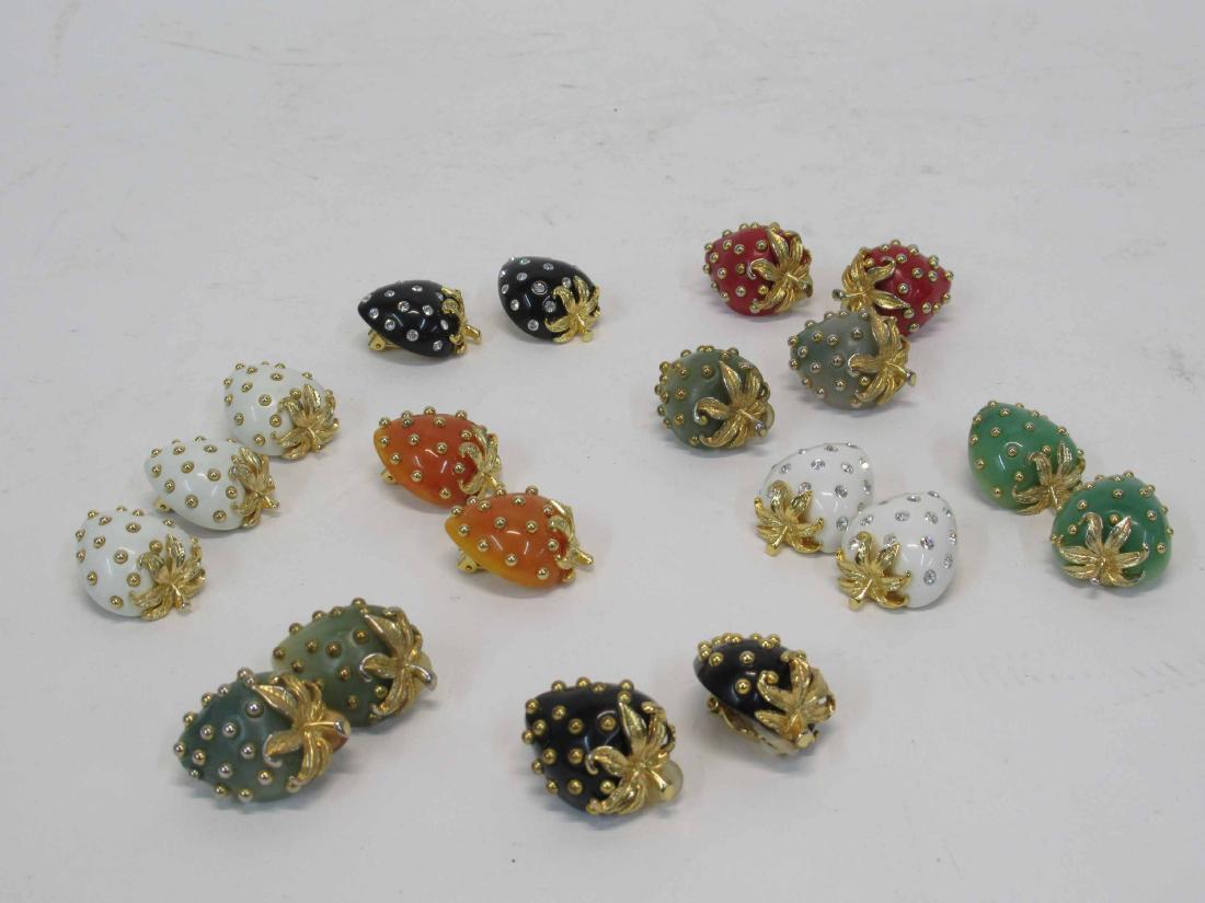 9 Pair of Kenneth Jay Lane Strawberry Ear Clips: Various colors. Each 1-1/4"l.
