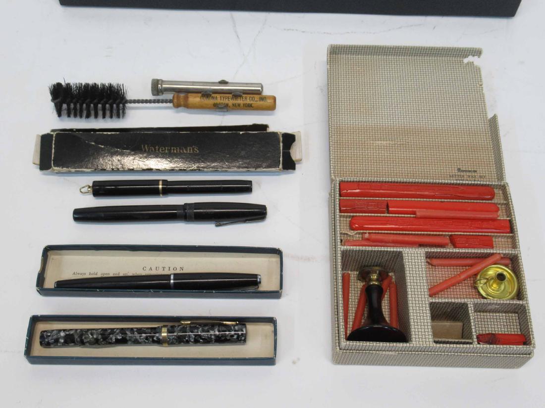 Group of Assorted Fountain Pens: Together with two boxes, Letter Wax Kit and Corona Typewriter cleaning kit. Waterman pen -inscribed.