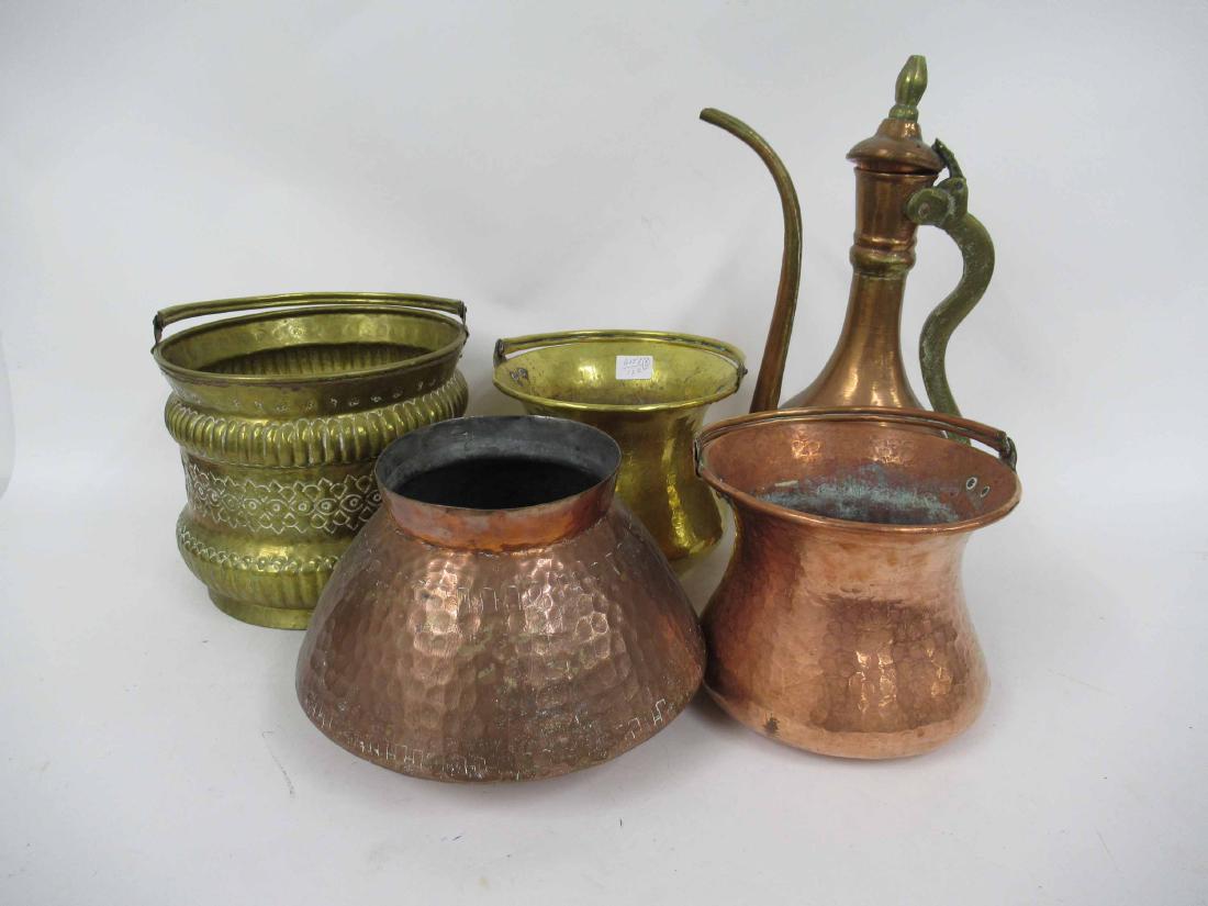 Two Brass Handled Urns: Together with a copper pitcher, pot and handled urn. Some hand hammered and dovetailed. largest urn 10" dia x 10" tall