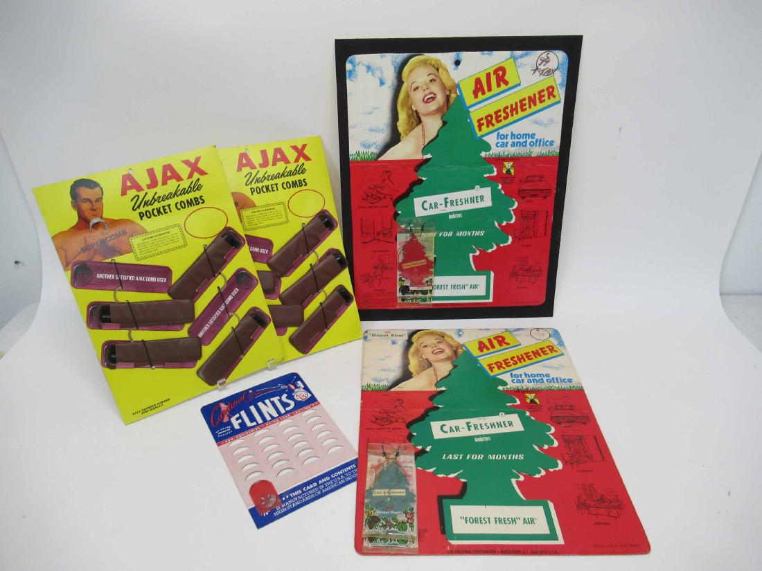 Group of Assorted Advertisements: Including Green tree car freshener, Flints and Ajax combs.