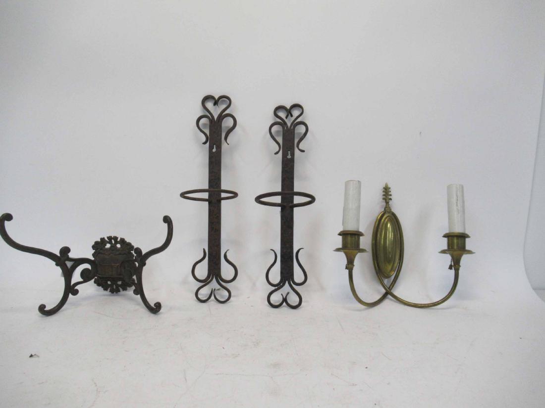 Pair of Iron Hanging Planter Holders: Together with a coat hanger and a brass two light sconce. 4 pieces 17"h