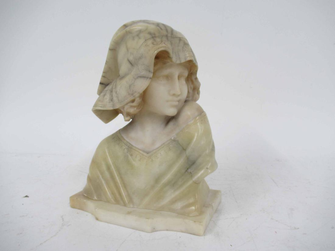 Alabaster Bust of Young Maiden: Etched floral and foliate design. Together with matching base. bust size 11" tall x 8 1/2" wide x 7 1/2" deep
