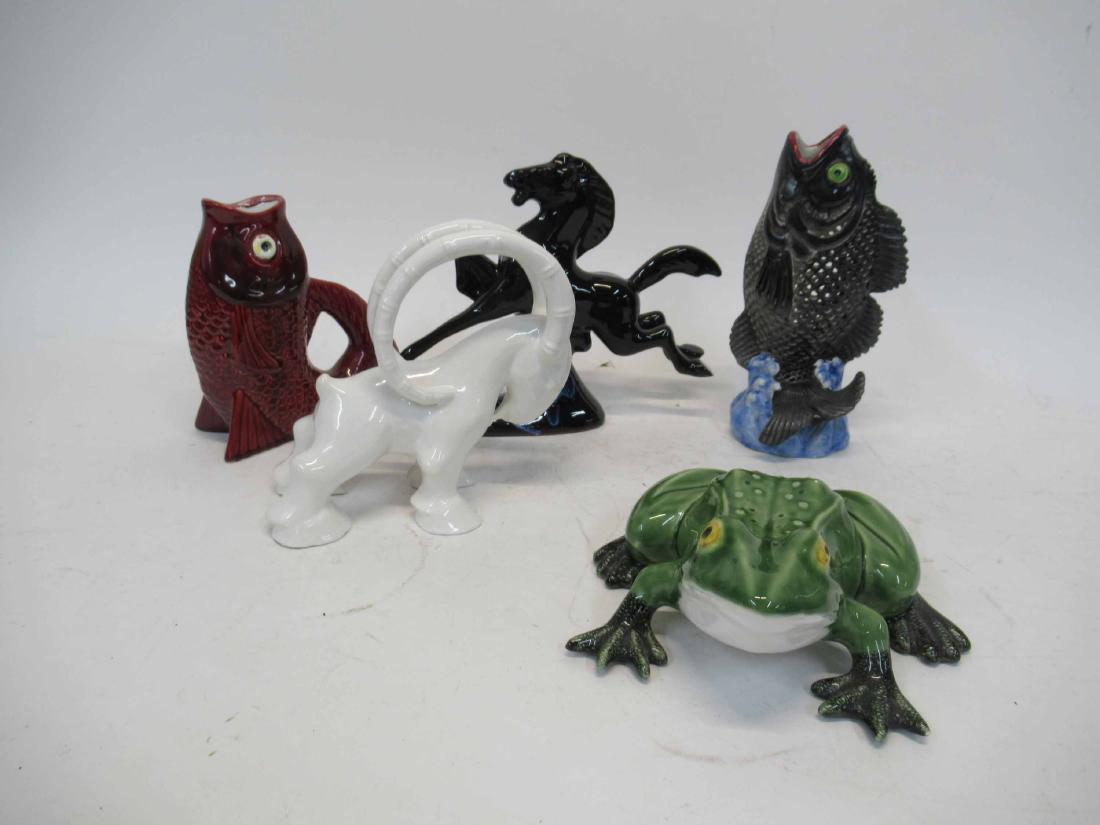 Green Pottery Frog: Together with 2 ceramic fish a ram and a horse.