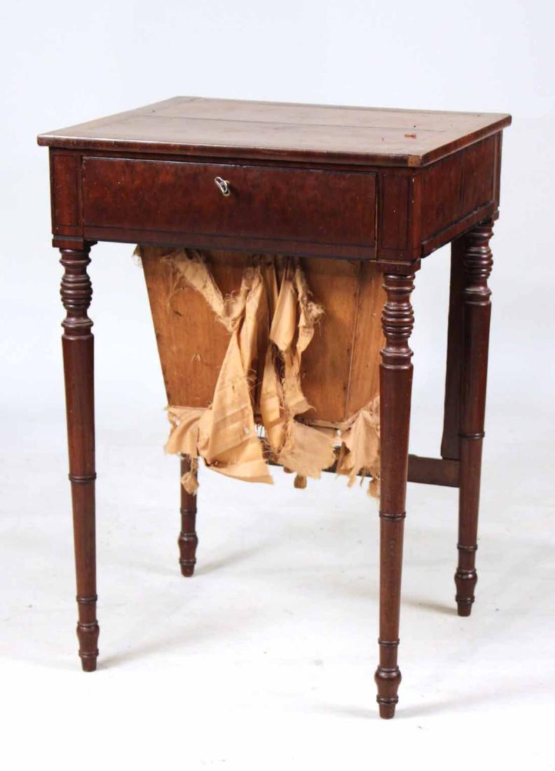 George III Inlaid Mahogany Work Table: English, Late 18th/19th century, Fitted with a writing drawer, sewing back and fire screen. 31"h x 21"w x 19"d
