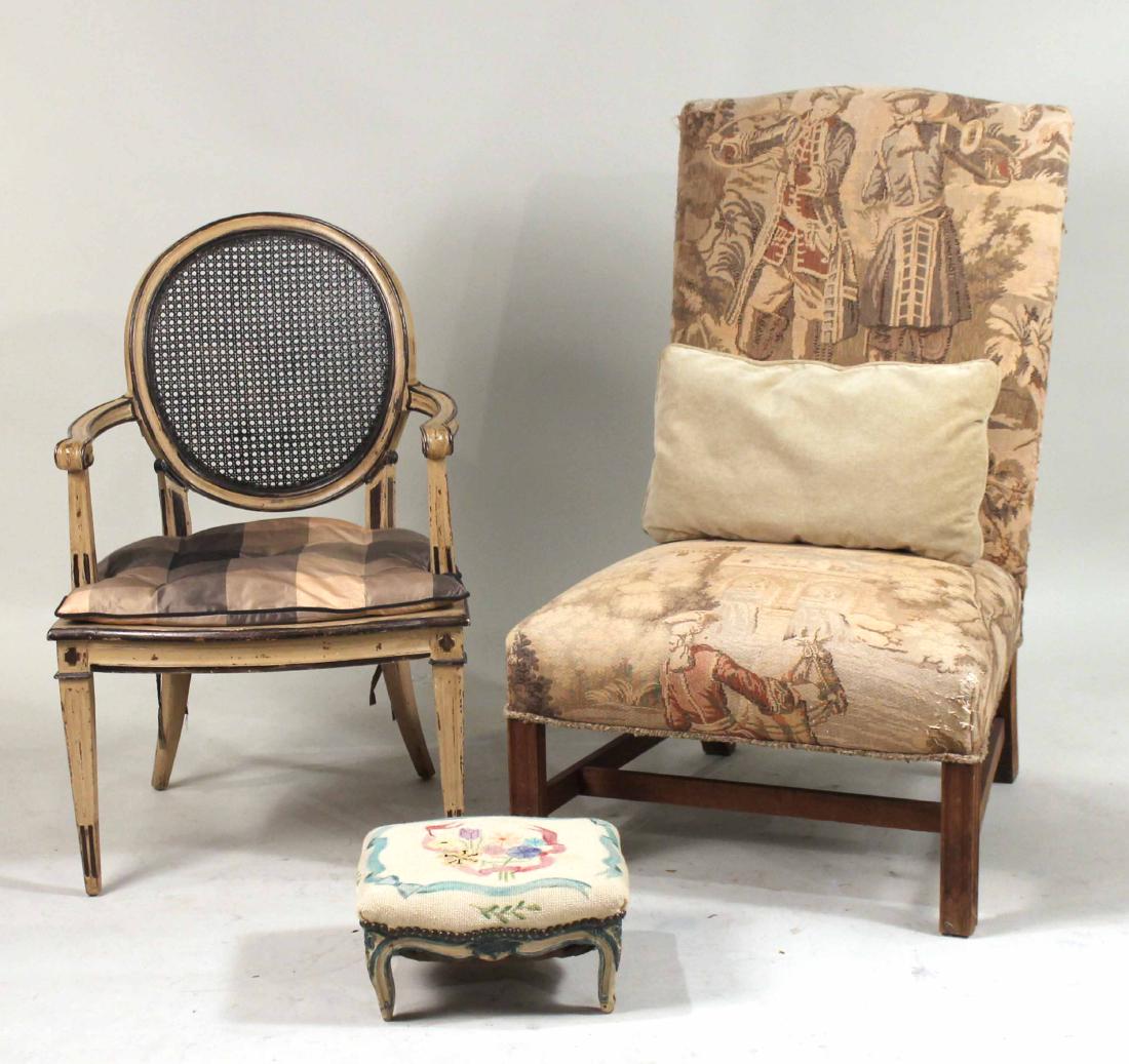 Georgian Style Aubusson Upholstered Chair: Together with a Louis XVI Style Paint Decorated Fauteuil and a Louis XV Style Painted Footstool. 3 pieces. 44"h