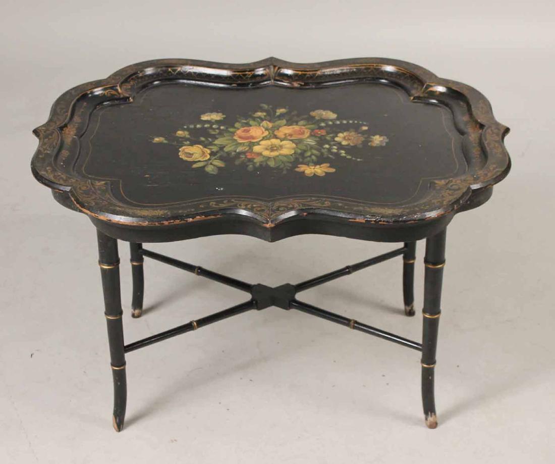 Victorian Paint-Decorated Tray Table: Late 19th C., base possibly mounted at a later date. 20"h x 32-1/2"w x 25-1/2"d
