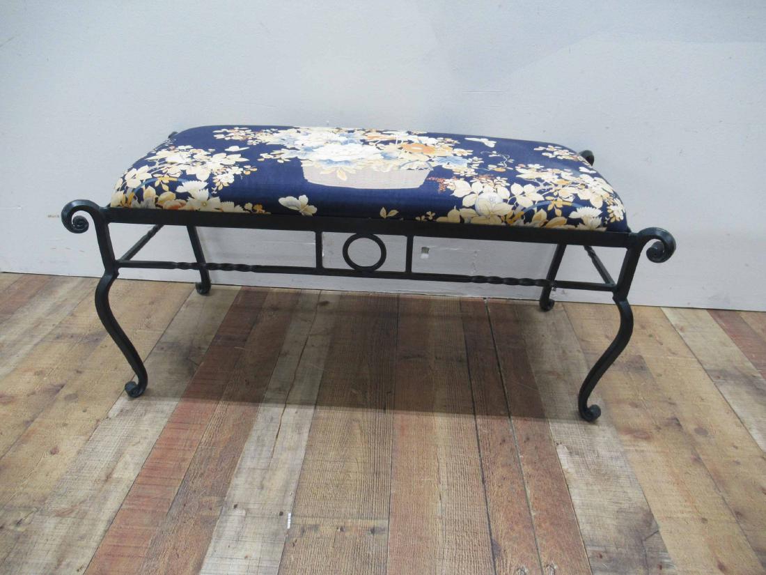 Iron Window Bench: Having Floral upholstered seat. 41" long x 20 1/2" wide x 17" tall
