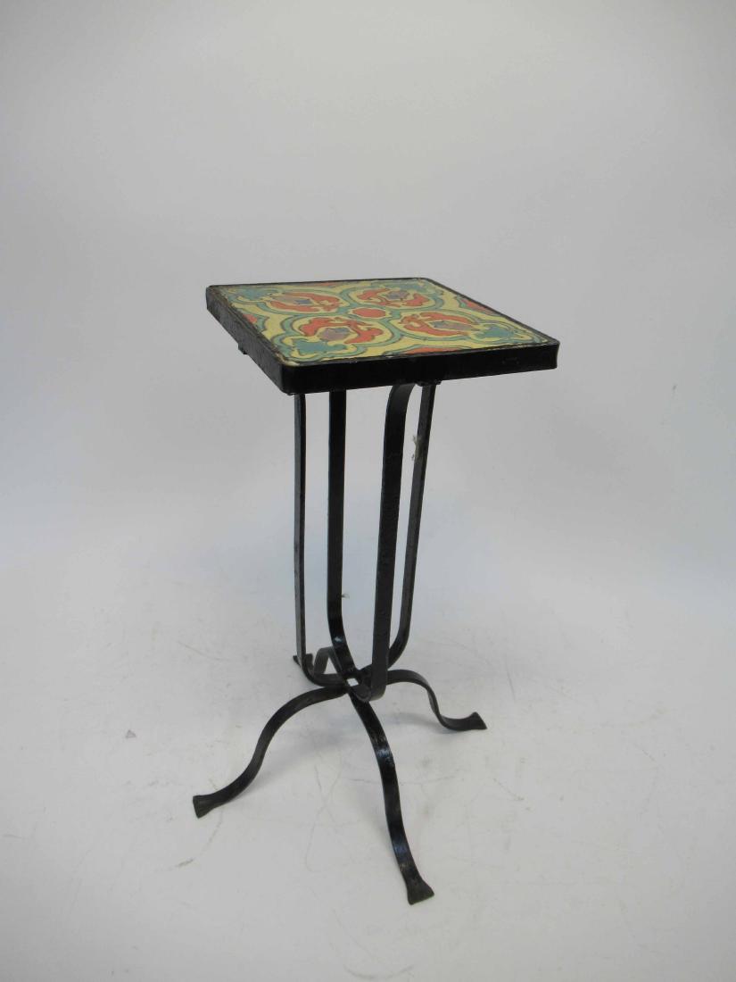 Iron Tile Top Plant Stand: Tile inset top with black painted iron base. 20 1/2" tall x 10" x 10" at base