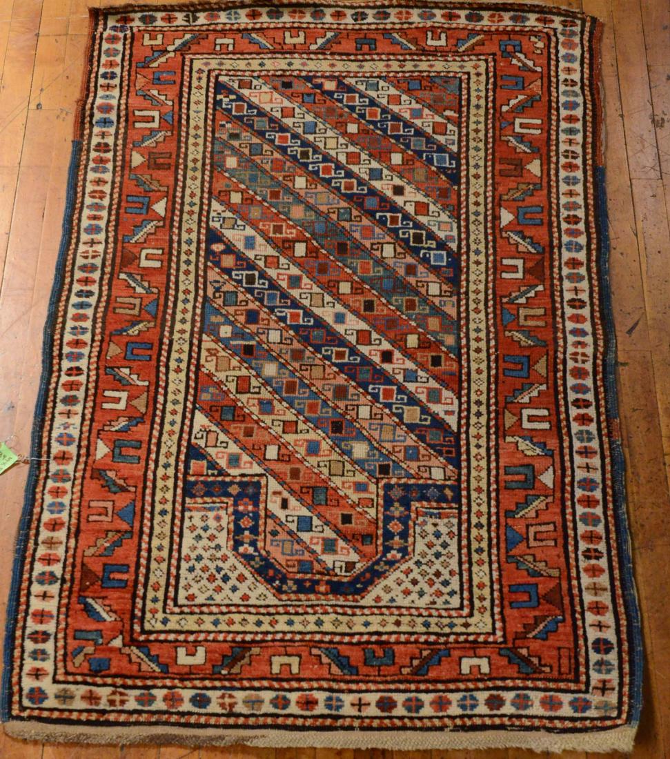 Tribal Wool Prayer Mat: 20th C., worked in tones of red, blue, and ivory. 5'6"l x 34-1/2"w