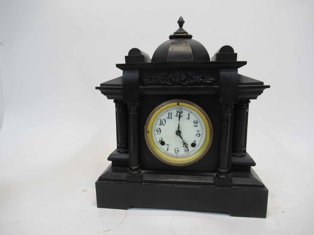 New Haven Clock Company Mantle Clock: Black painted metal case. 16" tall x 14" wide x 5 1/2" deep