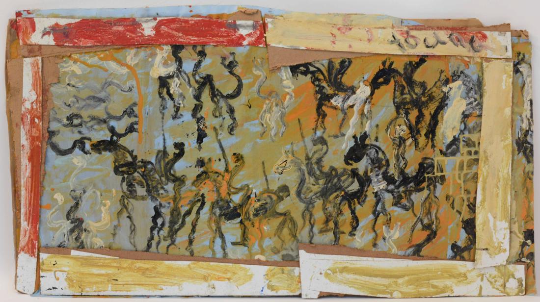 Oil on Masonite and Shower Curtain, Purvis Young: Signed (Purvis) Young, (American, 1943-2010). overall 21"h x 38-1/2"w