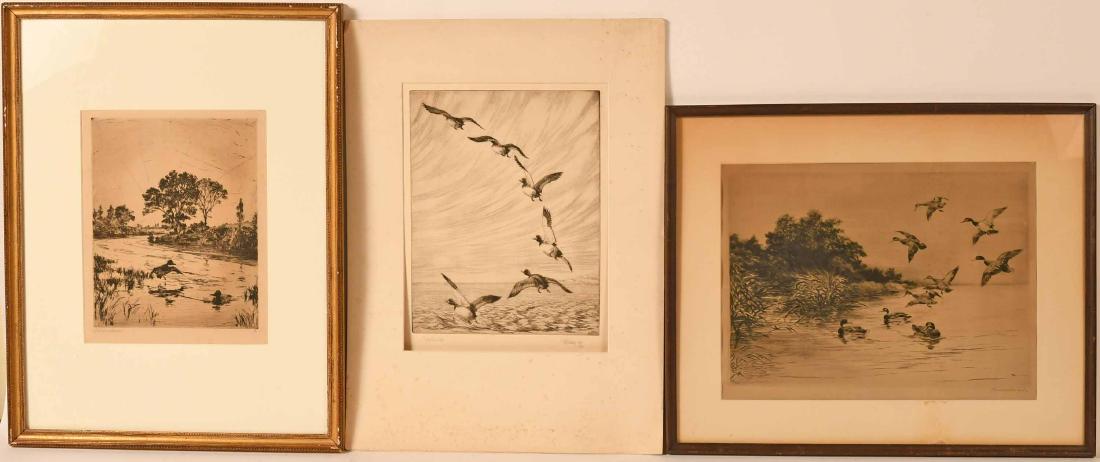 Two Etchings of Ducks, Frank W. Benson: (American, 1862-1951), both signed in pencil, one of two ducks on a river, and one of ducks landing in water. Together with an etching titled "Into the Wind" Richard Evett Bishop (American, 1887-1975)