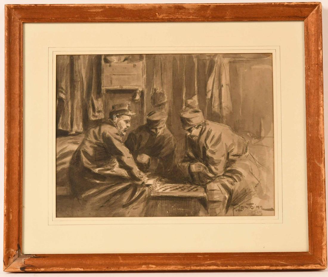 Mixed Medium on Paper, Fernand Lantoine: (French, 1876-1955) Men playing checkers. Signed and dated 1915. 10"h x 13"w