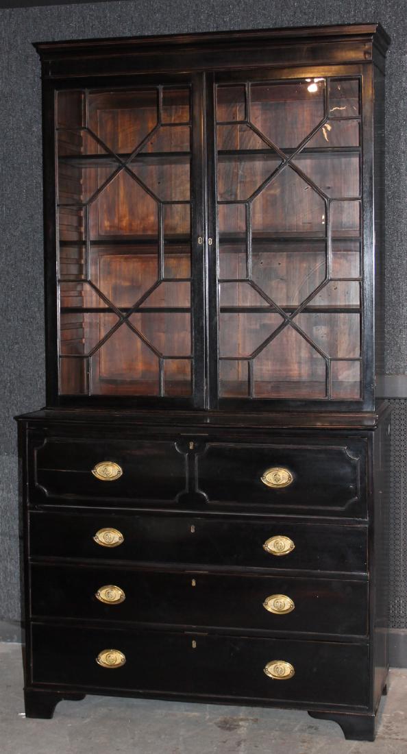 George III Style Black-Painted Secretaire: 20th C., in two parts. 7'3-1/2"h x 45-1/2"w x 22"d