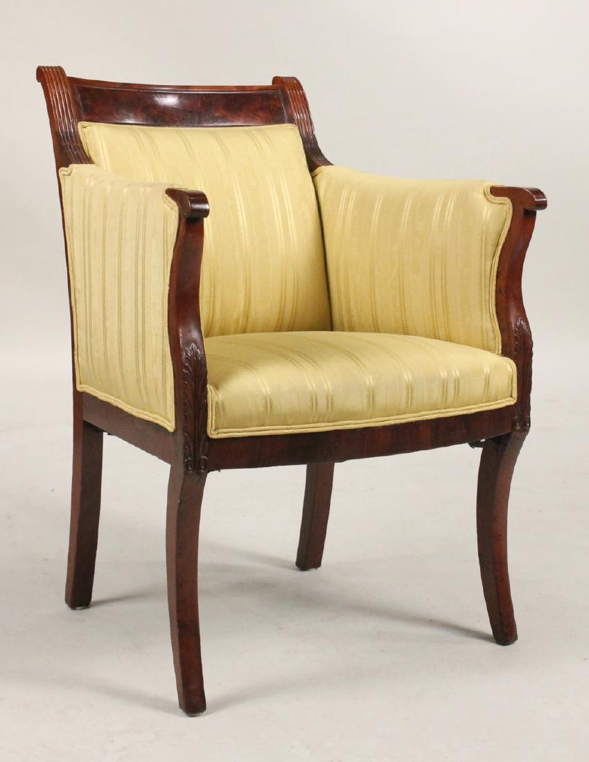 Classical Mahogany Saber Leg Upholstered Bergere: American, c. 1820. 33-1/4"h x 23-1/2"w