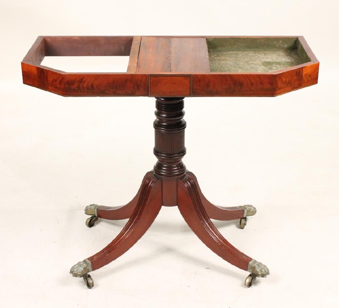 Classical Mahogany Pedestal Base Card Table: New York, c. 1820, in the Duncan Phyfe style. Lacking top. 28"h x 35-1/2"w x 17"d