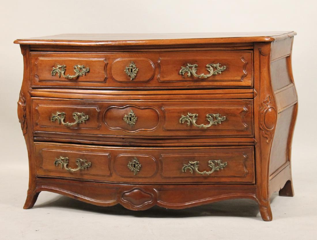 Louis XV Walnut Bombe Commode: French, c. 1750. 32-1/2"h x 4'7"w x 27"d
