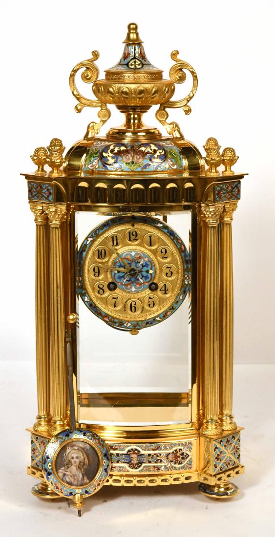 Tiffany & Co Champleve Enamel & Gilt Metal Clock: Movement is marked France. 17 1/2"h 8 1/4"w x 5 1/2"d