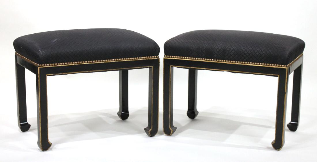 Pair of Modern Black and Gold Benches: With black-upholstery and nail head decoration. 21"h x 24"w x 16"d