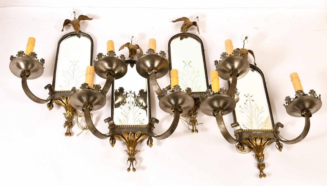 Four Rococo Style Metal Mirrored Sconces: 20th C. 19-1/2"h x 19-1/2"w x 6"d