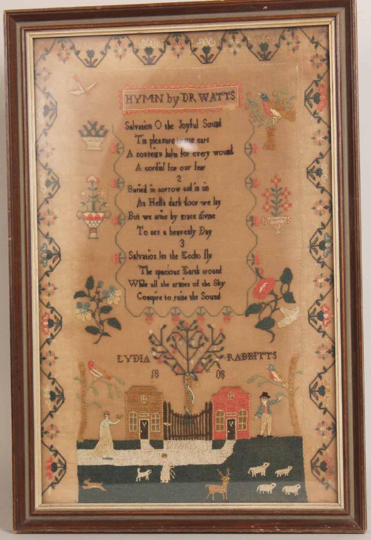 Needlework, Lydia Rabbts Hymn by Dr. Watts: Massachusetts, 1808. Sight size: 17"h x 10-3/4"w