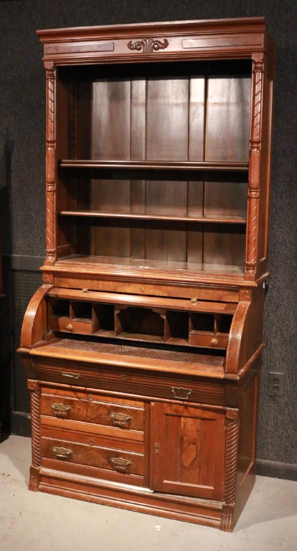 Victorian Walnut Roll-Top Secretary Bookcase (1 of 11)