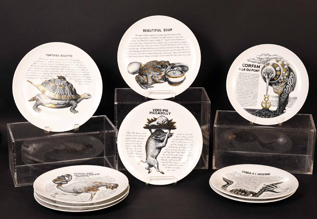 Fleming Joffe Fornasetti Cook Plates: Set of twelve Cook Plates, porcelain, especially Made by Fornasetti, Milano, Made in Italy, some duplicates. Each 10-1/8"d.