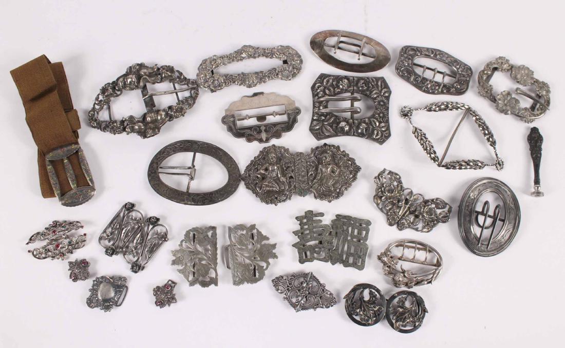 Five Sterling Belt Buckles: Together with sixteen metal buckles and a fragment and a sterling stamp. Apx. 4 t.o. 5"l