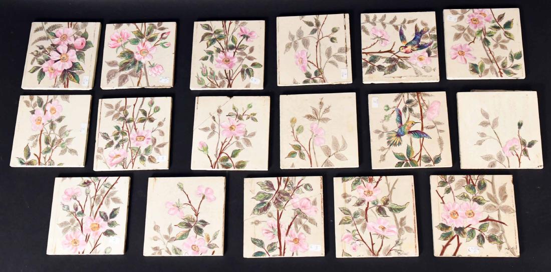 Seventeen Minton Rose Decorated Tiles: Many are impressed with the circular Minton logo. 6"h x 6"w