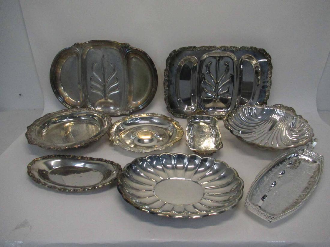 Group of Assorted Silver Plated Trays: Various serving trays.