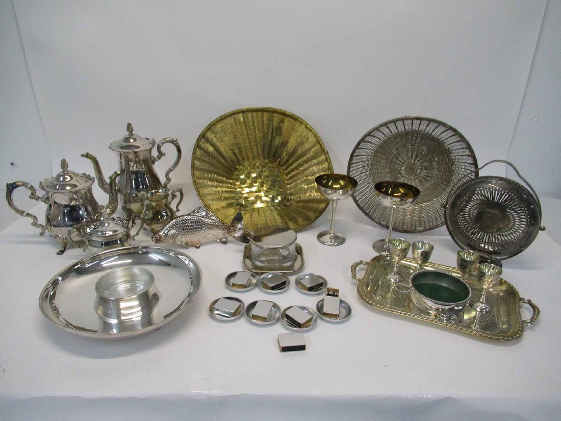 Group of Assorted Silver Plated Table Articles: Including trays, stemware, cordials, tea and coffee pot.