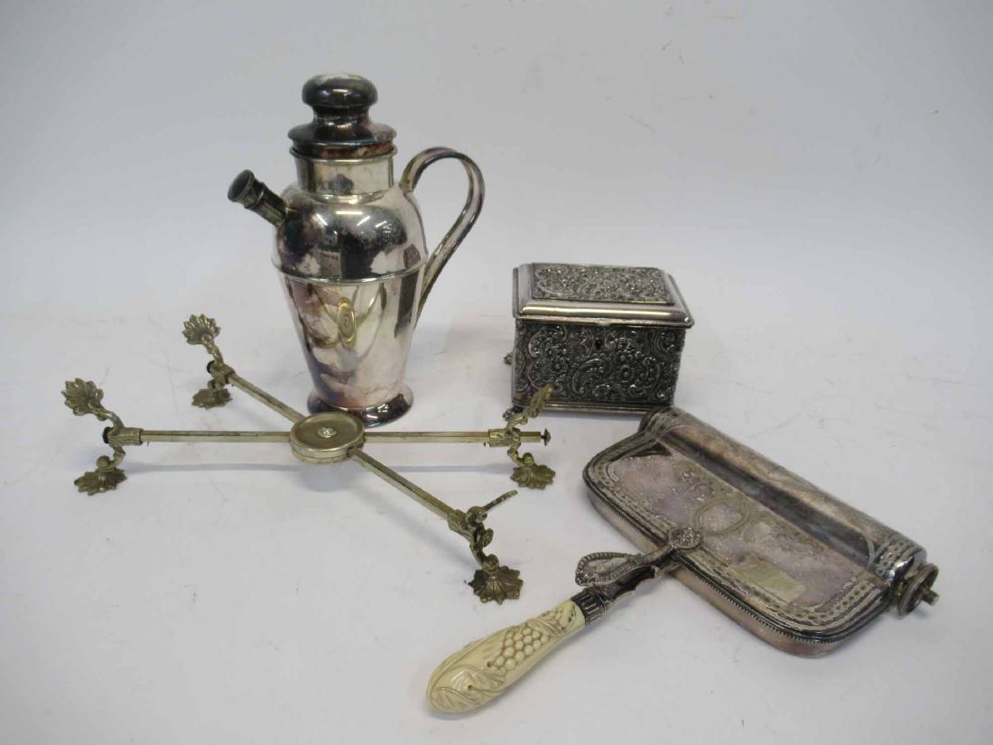 Apollo Silver Plated Cocktail Shaker: Together with a silent butler, Wilcox quadruple plated red velvet lined jewelry casket, hot water pot and metal dish cross.