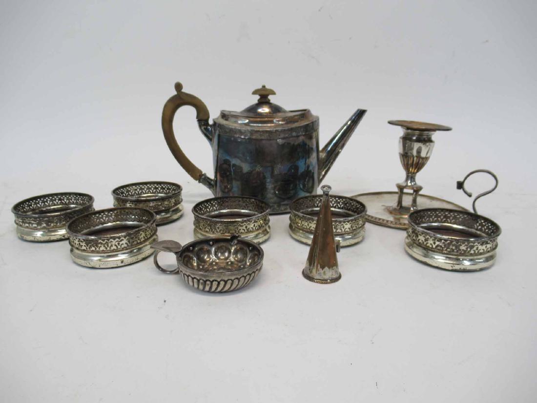 Silver Over Copper Chamber Stick: With associated candle snuffer. Together with silver plated wine taster, and set of six silver plated wood bottom coasters. Chamberstick, 4-1/4"h.