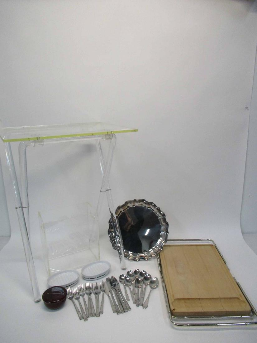 Lucite Tray Table: Together with butcher block tray table, a Lucite waste basket, silver plated tray and assorted table articles. Used condition, wear worn, scratches. Tray table top is attached with screws