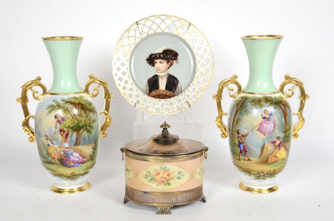 Pair of Painted Porcelain Double-Handled Vases: Probably Continental, 20th C. Together with a Parcel-Gilt Painted Portrait Plate and Silver-Plate Mounted Porcelain Cache Pot, Pairpoint Mfg. Co., Quadruple Plate, New Bedford, MA. 13-1/4"h, 9"dia., a