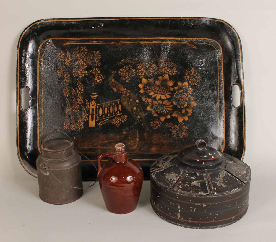 Tole Decorated Eight Spice Container: Together with a Roycroft red/brown glazed flask, a tin milk container and a tole handled tray. Spice container 3 1/2"h x 9 1/2"d Provenance: Property from the Collection of Dr. Andrew and Ziva Dahl.