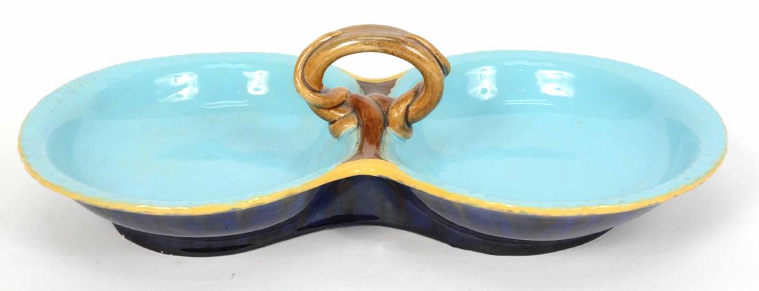 Minton Blue Majolica Double Condiment Dish: 13"l