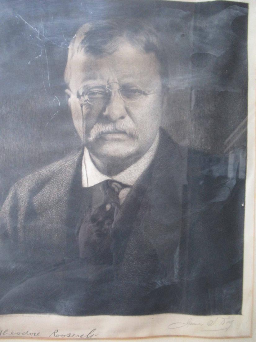 Theodore Roosevelt and Thomas Johnson Engravings: Portrait engravings. Largest framed size 22-1/2"h x 18-1/4"w. Used, wear, worn, distressed.