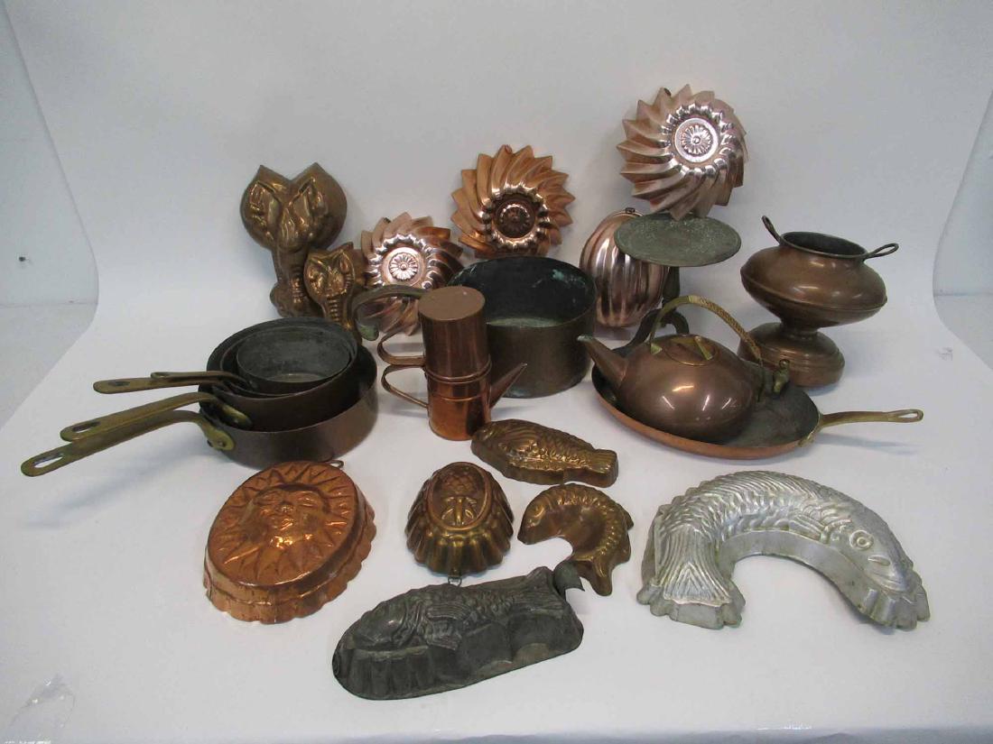 Group of Assorted Copper Mold and Cookware: Including pots, pans, cake molds. Used condition, wear, worn.